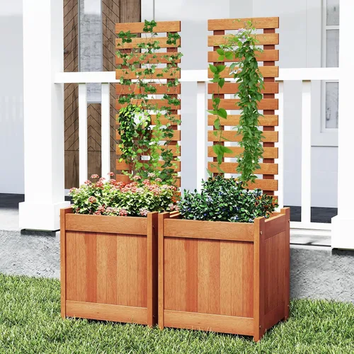 Vista 8 de Giantex Cama de jardín elevada de madera con enrejado, maceta para exteriores con base abierta para plantas trepadoras, profundidad de plantación