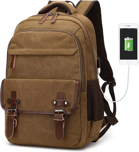 Vista 7 de Mochila de lona para laptop con puerto de carga USB, mochila vintage para hombres y mujeres, mochila negra de viaje para trabajo, mochila Negro
