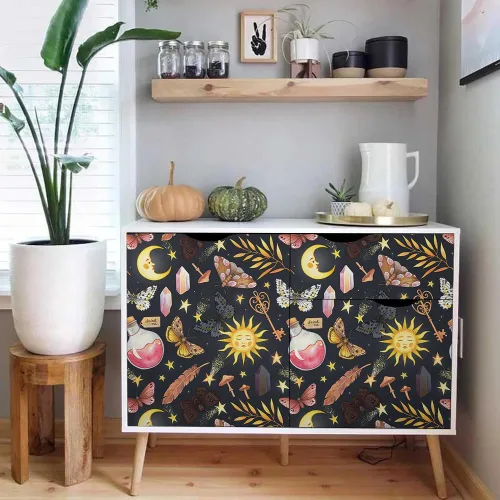 Vista 5 de Papel Tapiz Negro Azul Marino Fantástico Sueño Mágico Sol Luna Mariposa Hongos Estrellas de Cristal para Despegar y Pegar Papel de Contacto Adhesivo