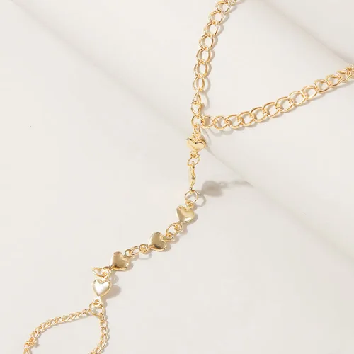 Vista 5 de Jumwrit Pulsera de cadena de mano con anillo de dedo, pulsera de eslabones dorados, arnés de mano de esclavo, pulsera de corazón de amor, pulsera