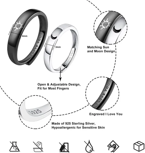 Vista 6 de Beydodo Anillos de plata 925 personalizados ajustables con sol y luna a juego grabados I LOVE YOU Anillos para parejas Anillos de boda