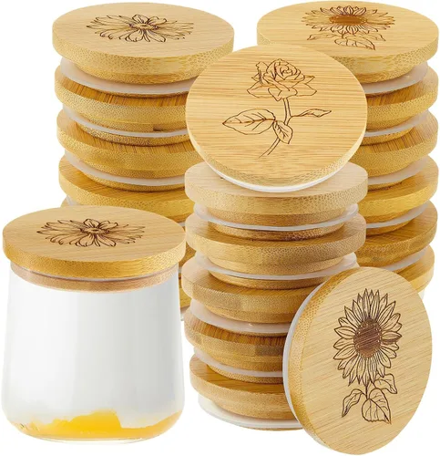 Vista 10 de Gueevin Juego de 6 tapas para tarros de yogur a granel de madera de bambú compatibles con tarros de yogur Oui, redondos, reutilizables, con anillos