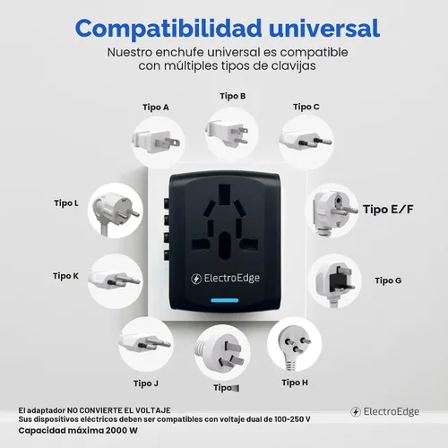 Vista 5 de Adaptador de viaje universal con puerto 3USBA + 1USBC, adaptador de viaje mundial todo en 1 Adaptador de enchufe europeo a Reino Unido Adaptador