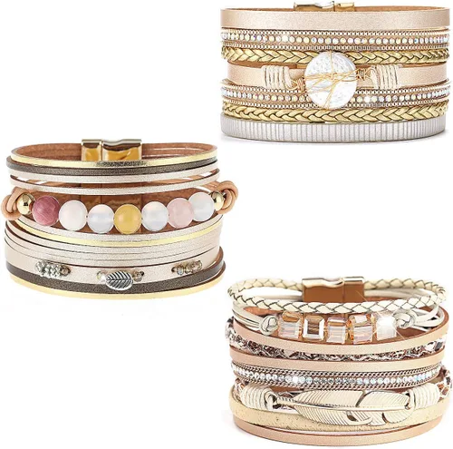Vista 14 de Wowanoo - Juego de 3 pulseras de cuero de varias capas con cierre magnético para mujer, con cristales, ramas de árbol pulseras para mujer.