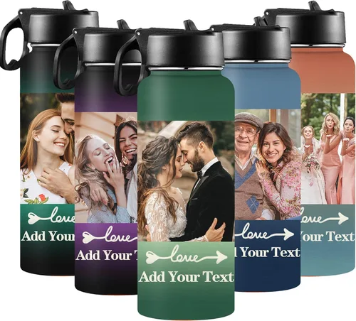 Vista 9 de Botellas de agua personalizadas para niñas, de acero inoxidable con aislamiento de doble pared con pajita, botella de agua de color degradado
