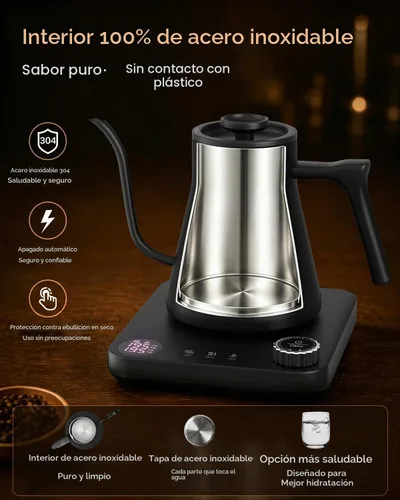 Vista 5 de Hervidor eléctrico de cuello de cisne para verter sobre café, control de precisión de ±1 °F, calefacción inteligente de dos etapas, 2 horas de Negro