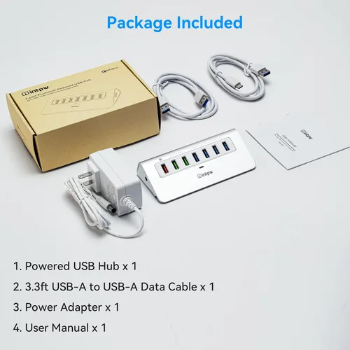 Vista 8 de intpw Hub USB con alimentación 10Gbps, Hub de datos de aluminio de 7 puertos USB 3.2 con 4 puertos USB 3.2 Gen 2, 3 puertos de carga rápida