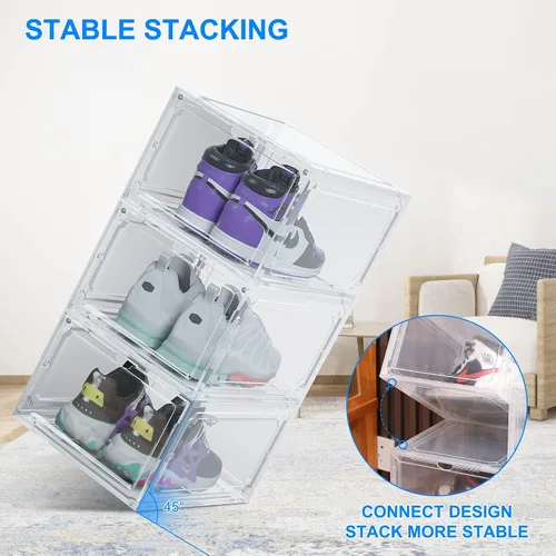 Vista 4 de HIYOHIYO Cajas de zapatos apilables de plástico transparente tamaño 14, contenedores magnéticos para zapatos, caja de almacenamiento plegable