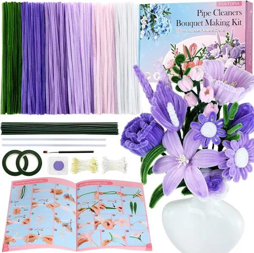 Vista 10 de Kit de Flores de Limpiapipas, 540 Piezas de Limpiapipas para Manualidades con Libro Guía de 15 Diseños, Kit para Hacer Flores con Tallos de Chenille