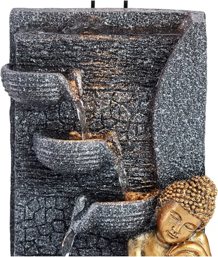 Vista 3 de Kneeling Gold Buddha de 17 pulgadas de alto, pequeña fuente de mesa de piedra sintética para interiores y exteriores, fuente de mesa de piedra