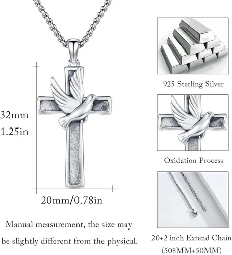 Vista 6 de Collar de cruz para mujeres y hombres de plata de ley 925 con colgante de paloma de la paz, joyería de fe regalo para niños cristianos, mamá hijo