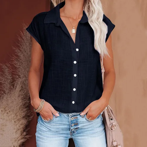 Vista 68 de Ceboyel Camisas para mujer de moda de verano, algodón, lino, manga corta, cuello con botones, blusa casual para mujer 2023