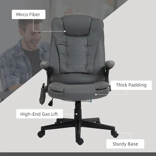 Vista 9 de HOMCOM Silla de oficina de masaje vibratorio de 6 puntos con calor, silla de oficina ejecutiva de microfibra con respaldo alto, respaldo reclinable