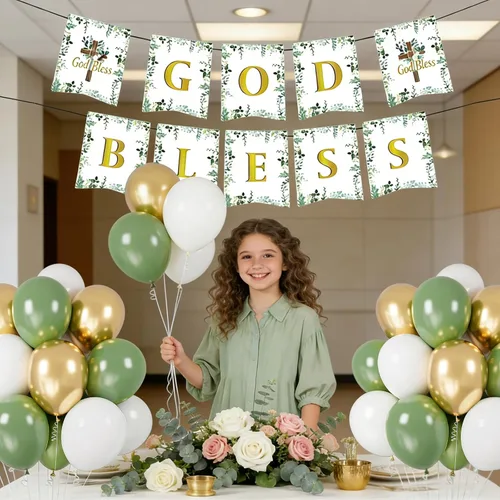 Vista 4 de Cartel de God Bless para bautismo, decoraciones de primera comunión con globos de oro blanco verde salvia para bautizo de bebé, suministros