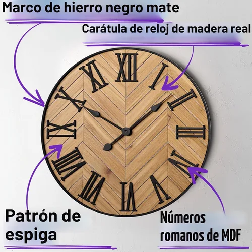 Vista 2 de Reloj de pared grande de 24 pulgadas, redondo, metal silencioso y madera