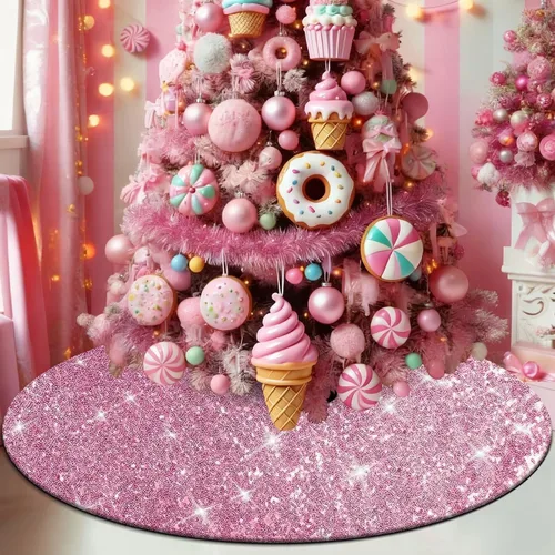 Vista 3 de Falda de Árbol de Navidad Rosa, Falda de Árbol de Lentejuelas Brillantes Rosa de 36 Pulgadas, Alfombrillas de Árbol de Navidad de Purpurina