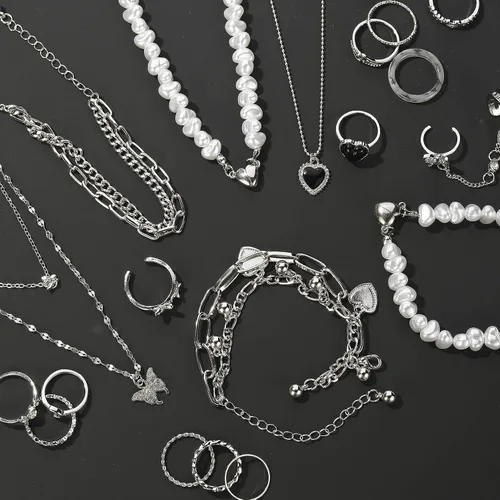 Vista 2 de IFKM 36 PCS Silver Plated Jewelry Set with 3 PCS Necklace 12 PCS Bracelet 7 PCS Ear Cuffs Earring 14 Pcs Knuckle Rings for Women Girls Valentine