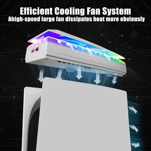 Vista 2 de Console Cooling Fan with Dust Cover Colorful LED Light for PS5 Console Disc Edition & Digital Edition Silent Absorb Fan Cooler with 2 USB Port