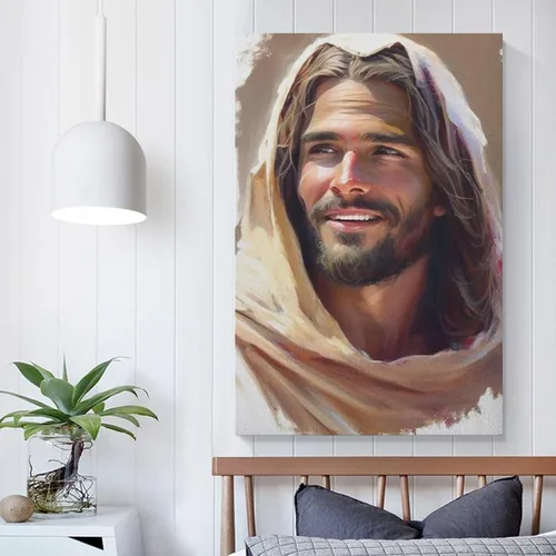 Vista 5 de Impresionante estética artística Jesús riendo, arte de Cristo en acuarela, Cristo sonriente, impresiones artísticas de Jesús, pinturas artísticas