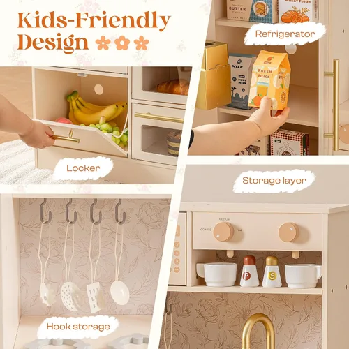 Vista 7 de ROBUD Juego de cocina de madera, juego de cocina para niños, juego de cocina de juguete con 17 accesorios realistas, regalo ideal para niños y niños