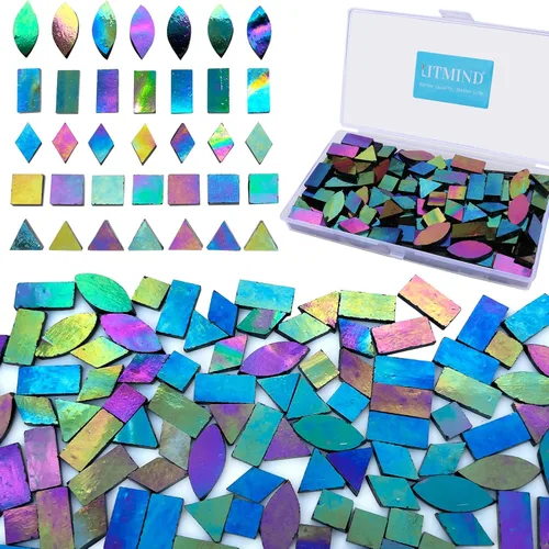 Vista 8 de LITMIND Azulejos de Mosaico de Vidrio Iridiscente Estilo Vitral para Manualidades, 240 Piezas 5 Formas Mixtas de Piezas de Vidrio de Mosaico, Kits