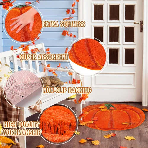 Vista 4 de AnyDesign Alfombra de baño de otoño, bonita alfombra de baño con forma de calabaza, alfombra de ducha antideslizante naranja otoñal, alfombra