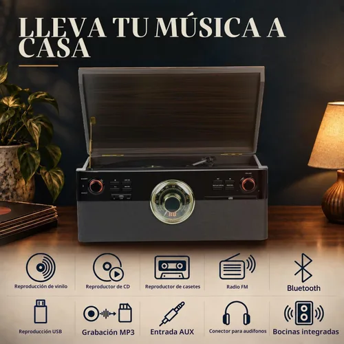 Vista 2 de Reproductor de discos 10 en 1 con reproductor de CD y cassette, grabación MP3 directa a USB, Bluetooth, radio FM, tocadiscos de 3 velocidades