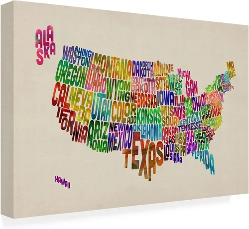 Vista 7 de Trademark Fine Art Mapa de texto de Estados Unidos por Michael Tompsett Lienzo Artwork, 14 x 19 pulgadas