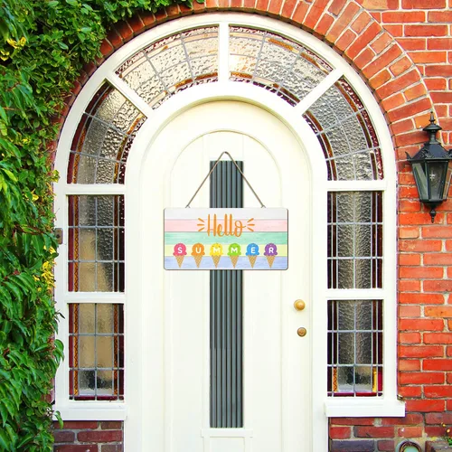 Vista 4 de Letrero decorativo para puerta con texto en inglés «Hello Summer» para colgar en la playa, con temática de helado, colgador de puerta de madera