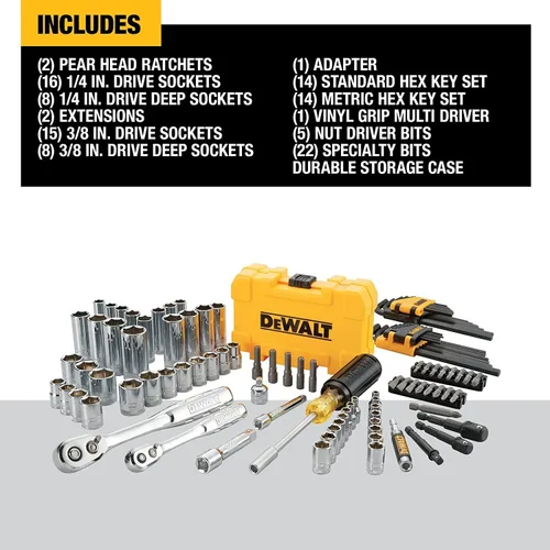 Vista 2 de DEWALT Kit de herramientas mecánicas y set de llaves, de 1/4 y 3/8 pulgadas, SAE, 108 piezas (DWMT73801)