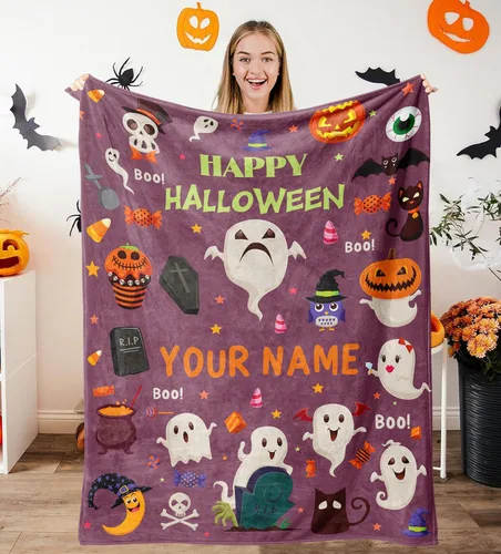 Vista 11 de Manta de Halloween personalizada con nombre, mantas de Halloween personalizadas para niños, Halloween personalizada para niños y niñas, bonita manta