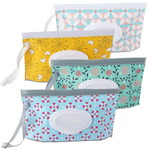 Vista 10 de FEBSNOW Paquete de 4 dispensadores de toallitas para bebé, soporte portátil recargable, contenedor de toallitas para bebés, dispensador