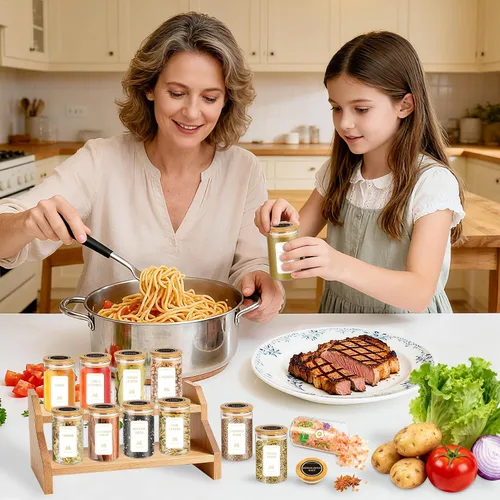 Vista 6 de BGraceyy Tarros de especias con etiquetas, 35 tarros de especias de vidrio de 4 onzas con tapas de bambú, recipientes herméticos apilables