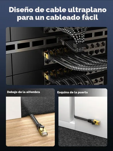Vista 5 de Cable Ethernet Cat 8 de 1 pie plano, cable de Internet trenzado de alta velocidad de 40 Gbps 2000 MHz con RJ45 chapado en oro SSTP, cable LAN