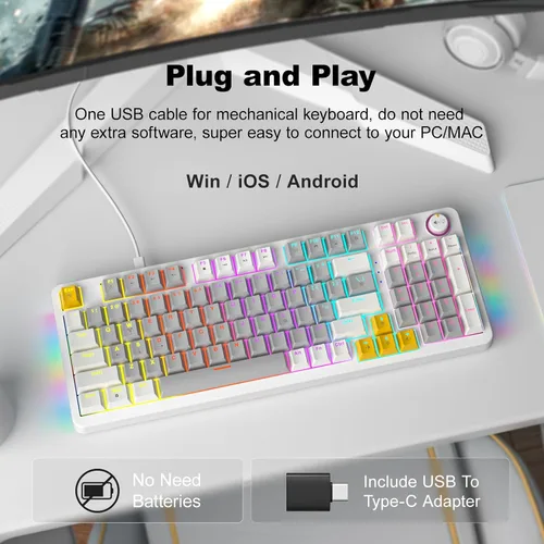Vista 4 de MOFII AK96 - Teclado mecánico para juegos, teclas completas con retroiluminación LED programable, Plug and Play USB AC Teclado personalizado