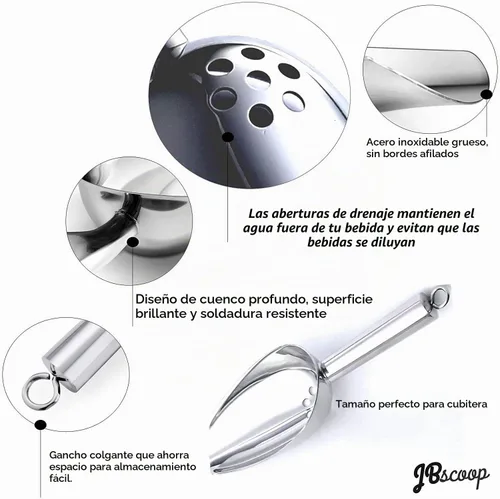 Vista 3 de JBscoop Cuchara de hielo con agujeros. Cuchara de hielo de acero inoxidable con orificios de drenaje para reducir la dilución no deseada. Resistente