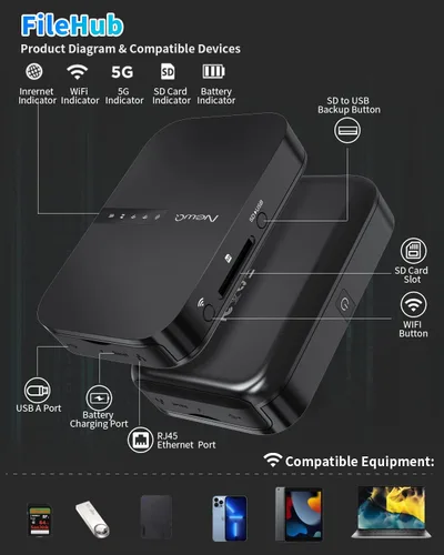 Vista 6 de NEWQ Filehub AC750 Router de viaje: lector de tarjetas SD de disco duro portátil y mini extensor de rango WiFi para viajes Disco duro externo