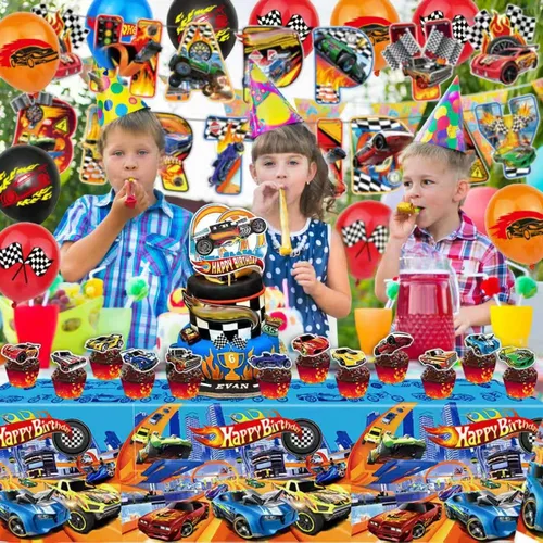 Vista 6 de Decoraciones de fiesta temática de autos calientes, suministros para fiesta de cumpleaños con volante de carreras, incluye pancarta de feliz
