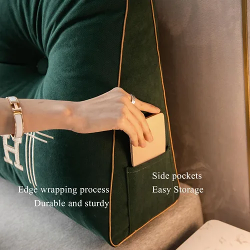 Vista 3 de HM&DX Almohada de lectura triangular con cuña para cabecero, almohada de respaldo de terciopelo con funda extraíble y bolsillos laterales
