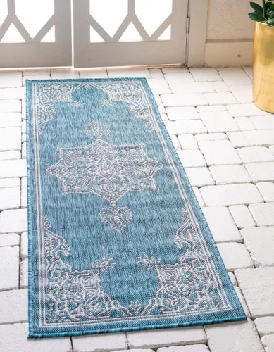 Vista 26 de Unique Loom Alfombra de la colección tradicional para exteriores, antigua (4 pies 1 pulgada, redonda, verde azulado/gris)
