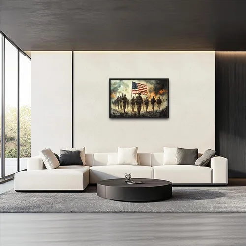 Vista 2 de Arte de pared grande de soldado para sala de estar, bandera patriótica de Estados Unidos, decoración en lienzo con marco militar, impresiones