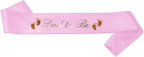 Vista 6 de Banda para baby shower con texto en inglés "Dad To Be & Mom To Be", color rosa con letras doradas para papá y mamá para baby shower Banda