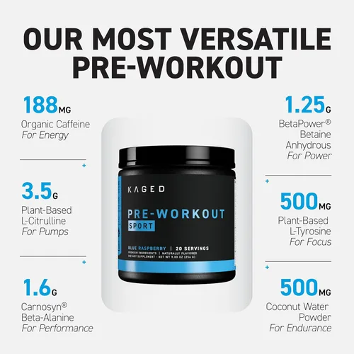 Vista 2 de Kaged Polvo Pre Entreno Deportivo para Hombres y Mujeres, Blue Razz, Certificado Deportivo, 188mg Cafeína, Suplemento de Óxido Nítrico, Beta Alanina