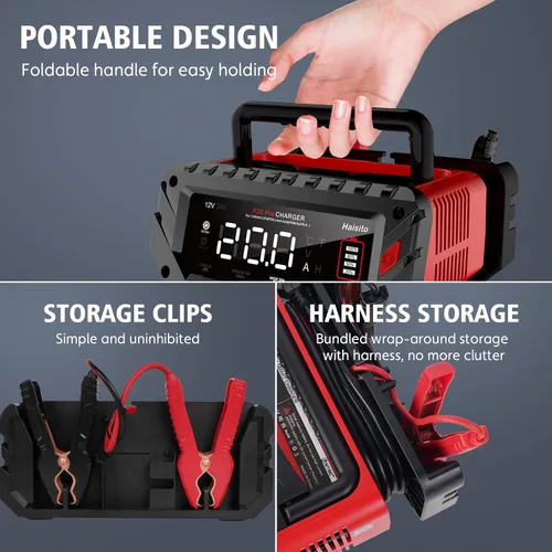Vista 5 de Cargador de Batería de Litio de 20 Amperios, 12V y 24V Lifepo4, Portátil para Coche, Mantenedor de Batería, Cargador de Goteo y Desulfatador