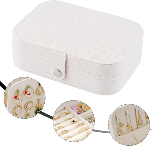 Vista 2 de Joyero de viaje, organizador de joyas pequeño de piel sintética para mujeres y niñas, mini estuche de viaje portátil de doble capa, cajas