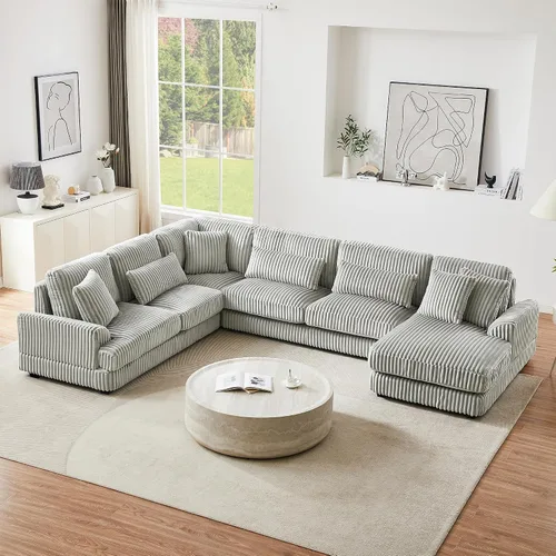 Vista 8 de Sofá modular de 125.2 pulgadas, sofá tapizado en forma de U con otomana móvil y bolsillos laterales de almacenamiento para sala de estar, color negro