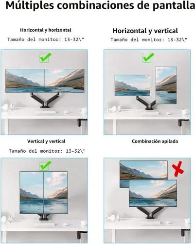 Vista 9 de MOUNTUP Soporte de monitor doble para escritorio, brazos de monitor para 2 monitores de 32, 27, 24, 22 pulgadas, soporte de monitor doble ajustable