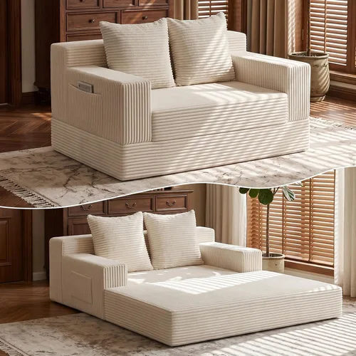 Vista 9 de Sofá cama convertible 2 en 1 sin hueso, sofá cama futón de pana, sofá plegable de compresión, sofá cama con 3 almohadas para dormitorio, sala