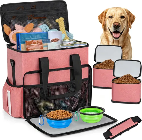 Vista 9 de TORIBIO Bolsa de viaje grande para perros para suministros con cuenco de Gris