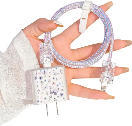 Vista 12 de Bonito protector de cable para cargador de Apple, bonito diseño de flores y mariposas, cable de datos USB, protector de cargador de teléfono